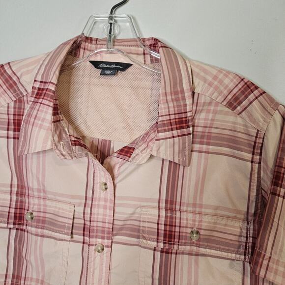Eddie Bauer Shirt Women Size L Pink Plaid Short Sleeve Button Up Fishing Outdoor - Picture 3 of 10